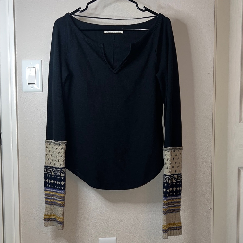 We The Free Black Long Sleeve Top with Patterned Cuffs